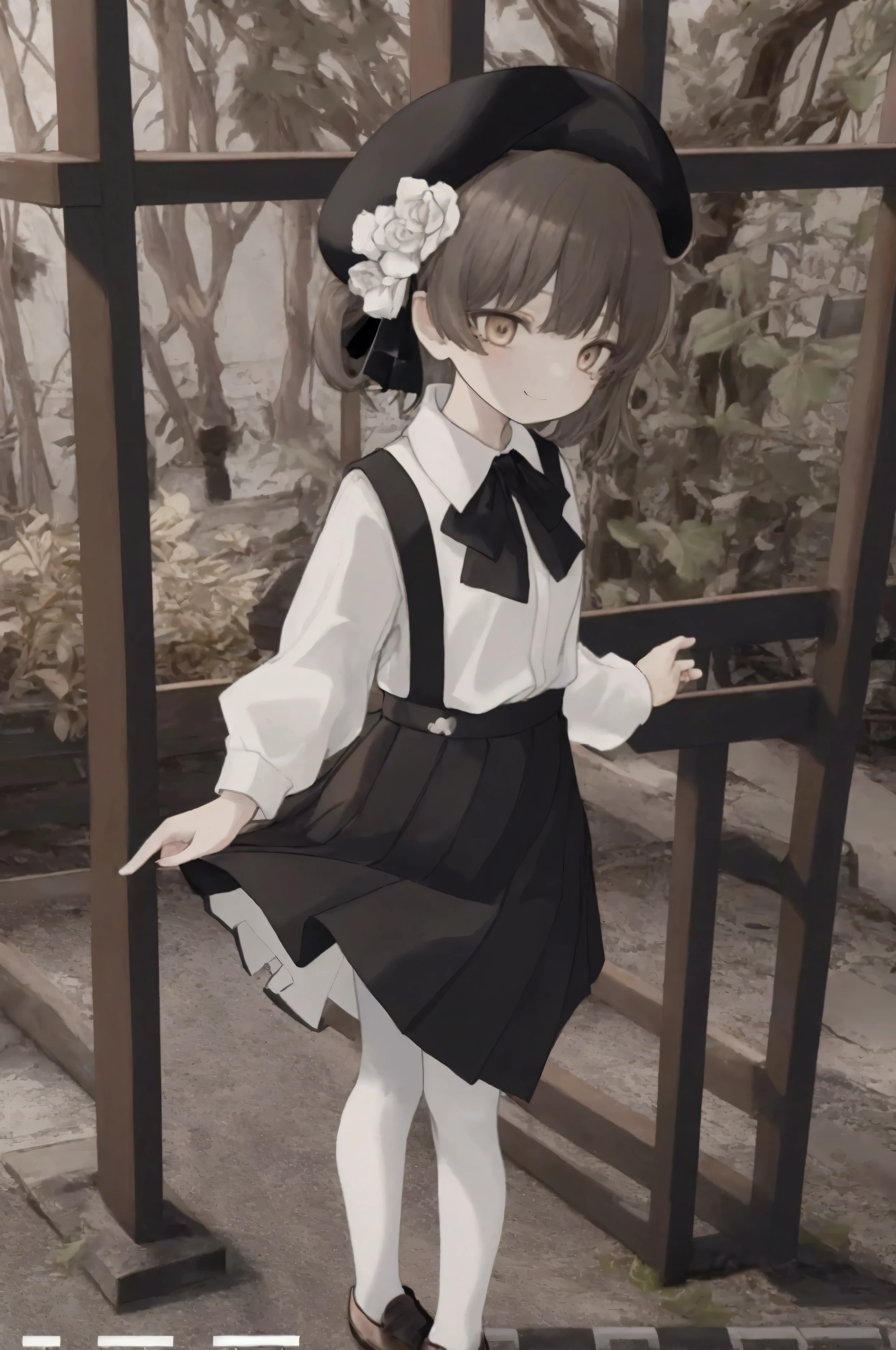 8K,Extremely detailed CG unit wallpaper, masterpiece,high resolution,Top quality,Top quality real texture skin,Surrealism,提high resolution,RAW photos,Best quality,Very detailed,wallpaper,Movie Lighting,Ray Tracing,Golden Ratio, rest ,Solitary,1 Girl\(haveoba tsugu,(White:1.3) Pantyhose,,have,Black beret,Blow dry hair,,Virtual YouTuber,Black pleated skirt,Brown eyes,Flowering,Hair accessories,black bow,Suspenders,White collared shirt,bow tie,Bangs,Black loafers,Moles under the eyes,Smile\),background\(At midnight,Dark City,On a pedestrian bridge\),Dynamic Angle, From below