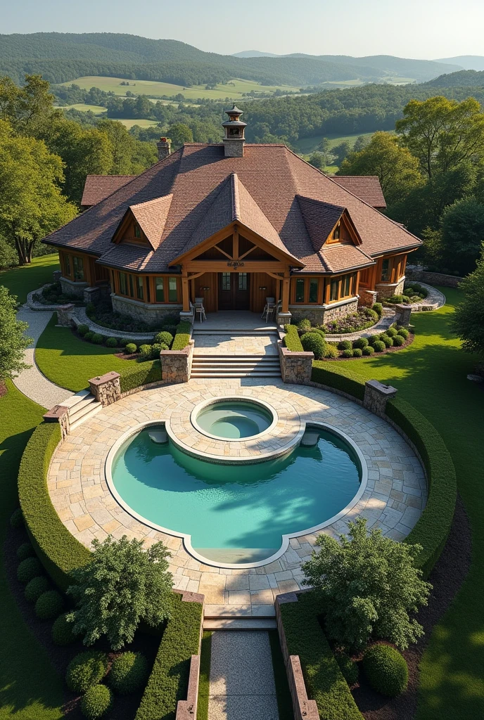 Semicircular house divided into two modules, with a circular gym in the center and a pool surrounding it, The house is country style, with a garage