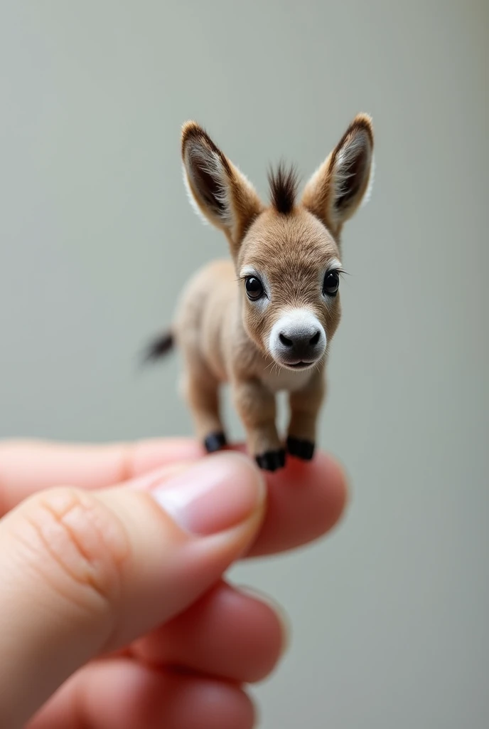 The smallest baby donkey in the world, perched on someone's finger, It is undeniably cute and charming. The photo is very realistic and captures the miniature donkey's subtle features with pinpoint accuracy..