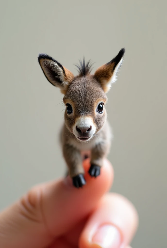 The smallest baby donkey in the world, perched on someone's finger, It is undeniably cute and charming. The photo is very realistic and captures the miniature donkey's subtle features with pinpoint accuracy..