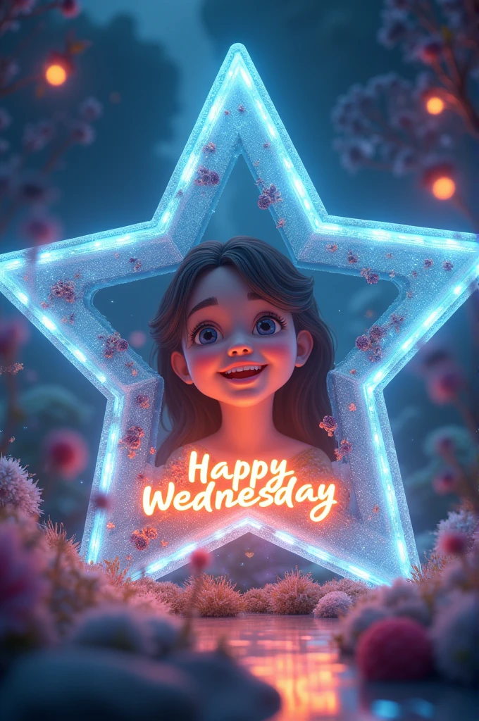 I NEED TO CREATE AN IMAGE WITH A LANDSCAPE IN THE BACKGROUND THAT IS FITTED INTO A CRYSTAL STAR AND THAT CONTAINS A TEXT THAT SAYS HAPPY WEDNESDAY GIRL WITH LED LETTERS