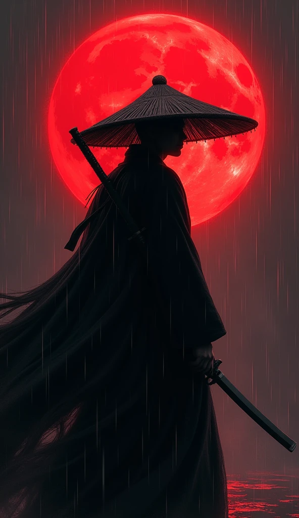 Demon Slayer riichi Tsugikuni。silhouette,There is a red moon in the background、Show me the sword、He is wearing a straw hat,The color is black.、The moon is in the center of the body、No Face。rain,