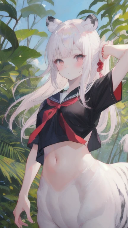 (best quality, masterpiece), 1 girl, centaur, I beg, White skin, Japanese schoolgirl,daughter,black pink, exposing the abdomen, belly button t-shirt , beautiful girl perfect, White tiger photo, perfect jungle photo