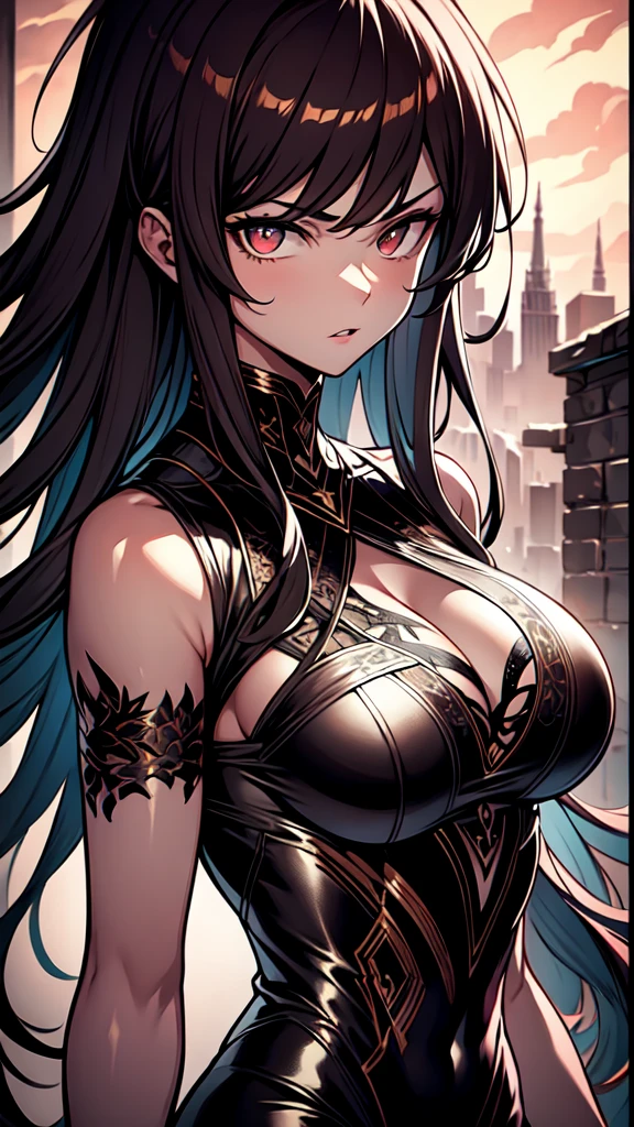 A 16k realistic portrait masterpiece, realistic soft detailed lines, highest resolution, every detail, meticulousness, depth of field, bright colors, beautiful composition: a girl age girl with dark hair and highly detailed innocent eyes, standing against a dark and ominous landscape. sexy silk dress.