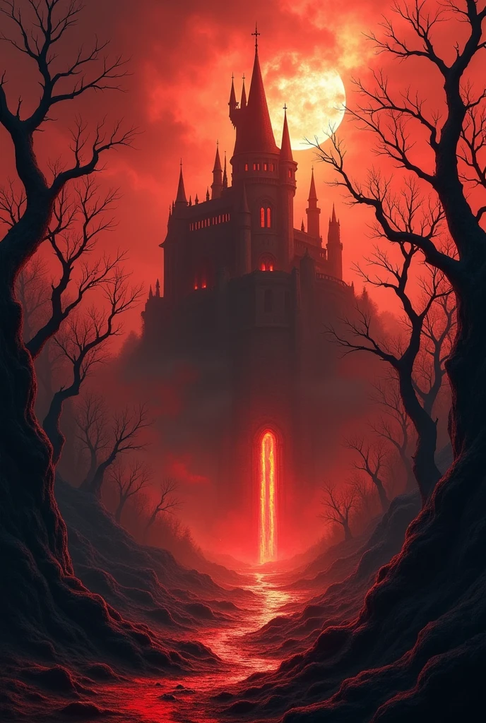 Create a map of hell, that in the middle is an imposing castle, and around a forest of black trees