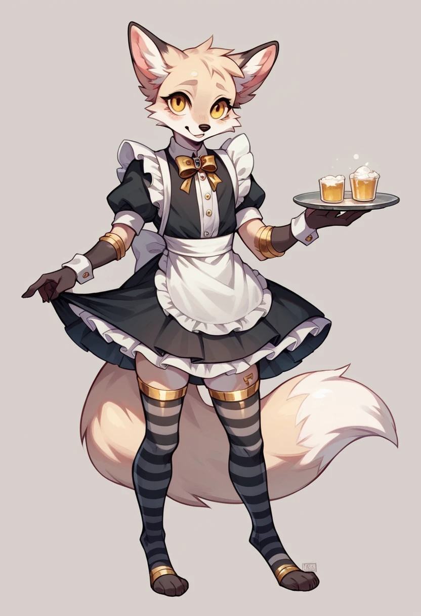 Furry fox with white fur and golden eyes,femboy wearing gold and light grey striped socks, wearing a skirt also gold and gray and a black metallic shirt, god of eyes, detailed groin, maid outfit, cute poses.