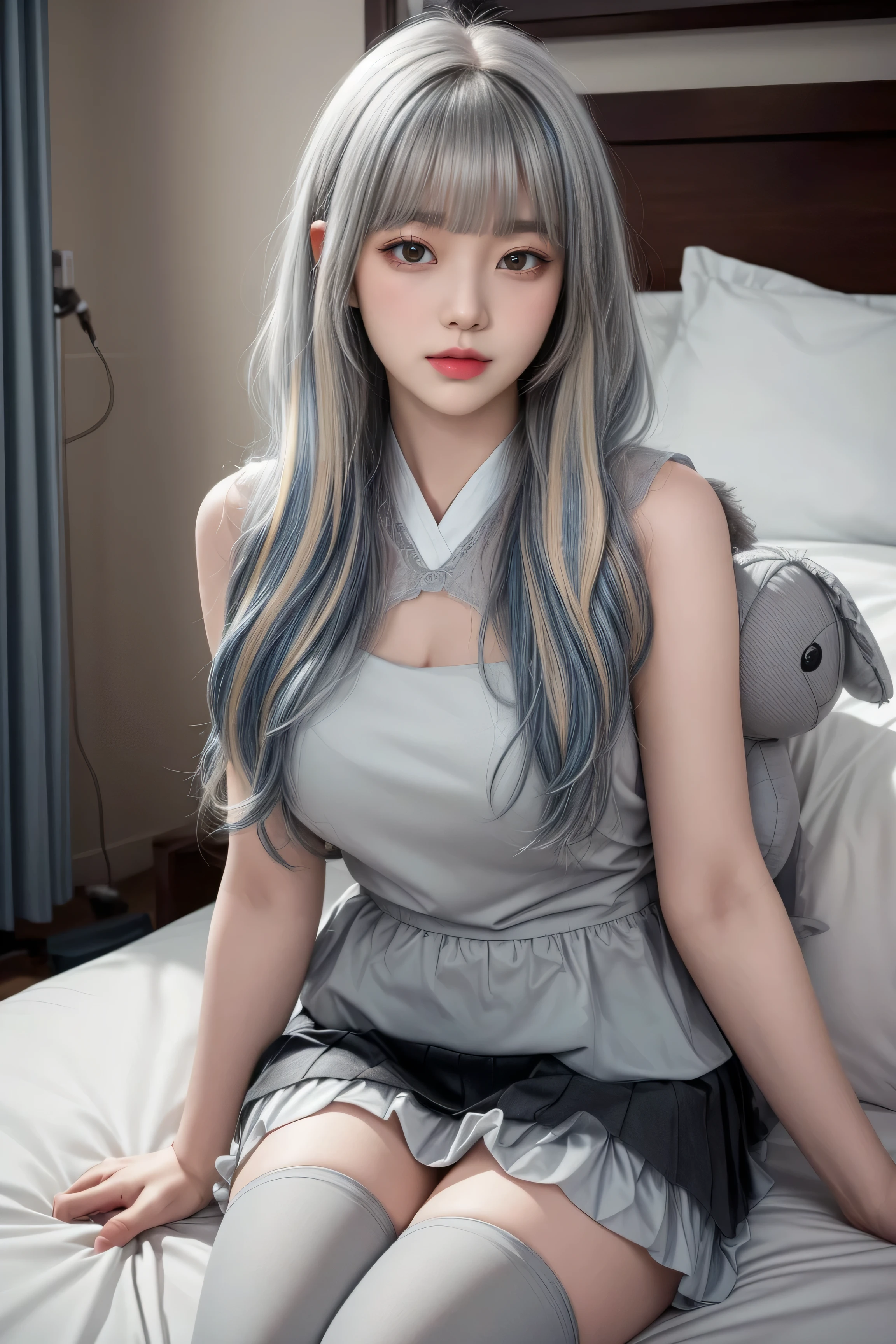 (sitting cross-legged on the bed)、Mature Woman、Light blue hair、((Light grey hair))、(((Two-tone hair)))、Black taupe dress with delicate light blue decoration、Slender women、Cute Woman、 8K Ultra HD,Detailed face、Delicate texture, Long Hair、(((Blunt bangs)))、(((Drill Hair)))、Tutu skirt、Thigh-length tights、short boots、((Oriental router))、mini skirt、A room in a Western-style building、((Delicate photo))，(Girl Astepeace RAW Photo Details:1.25), (Highest quality:1.6), (Ultra-high resolution:1.5), (Realistic:1.75), 8k resolution, Canon EOS R5, 50mm, Absurd, Very detailed,Cinema Lighting、((stuffed toy:1.3))、Browsing Caution:1.5(Full Body Shot)