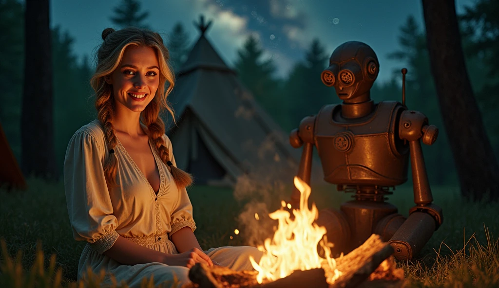 (masterpiece, UHD. Photorealistic. Analog photography.1950 style.) extremely detailed, an ultra hot gorgeous European woman. 2 french model, epic cleavage (100e size) in the night:1.2, warm hue, warm tone, ivory long sleeve shirt:1.2, with stars and milky way trails:1.1, sitting near campfire, in forest, real steam visible, smoke, shadows, tent, ultra detailed face, twintails:1.1, blonde hair, pale skin, busty breasts, joyful smile:1.1, dynamic pose. 1930 clunky and rusty evil war robot in the background.
