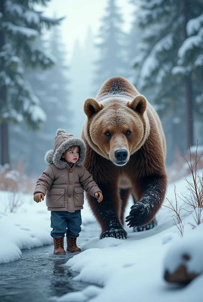 (masterpiece:1.2, Highest quality, Ultra-high resolution, Very detailed, Realistic, RAW Photos:1.2, Elaborate photos), 8k, wallpaper, (Ray Tracing), (Child wrapped in a furry coat and boots riding a grizzly bear through a snow-laden forest), (Bear’s thick fur dusted with snow, child holding onto the bear’s neck, looking ahead with wonder), (Snow-covered pine trees, a frozen river running alongside, light snowfall gently descending from the sky), A photo that captures the quiet beauty of a winter adventure, where a child and a grizzly bear journey through a snowy wilderness. Ultra realistic.