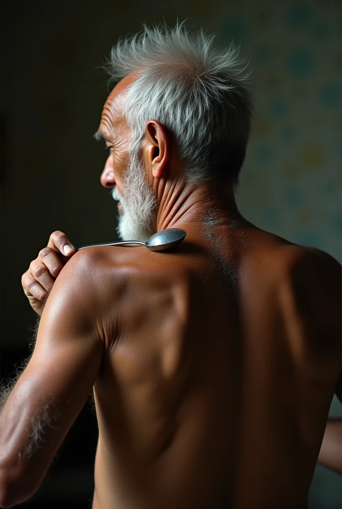elderly Brazilian man on the back with a spoon in his hand massaging his spine with the spoon