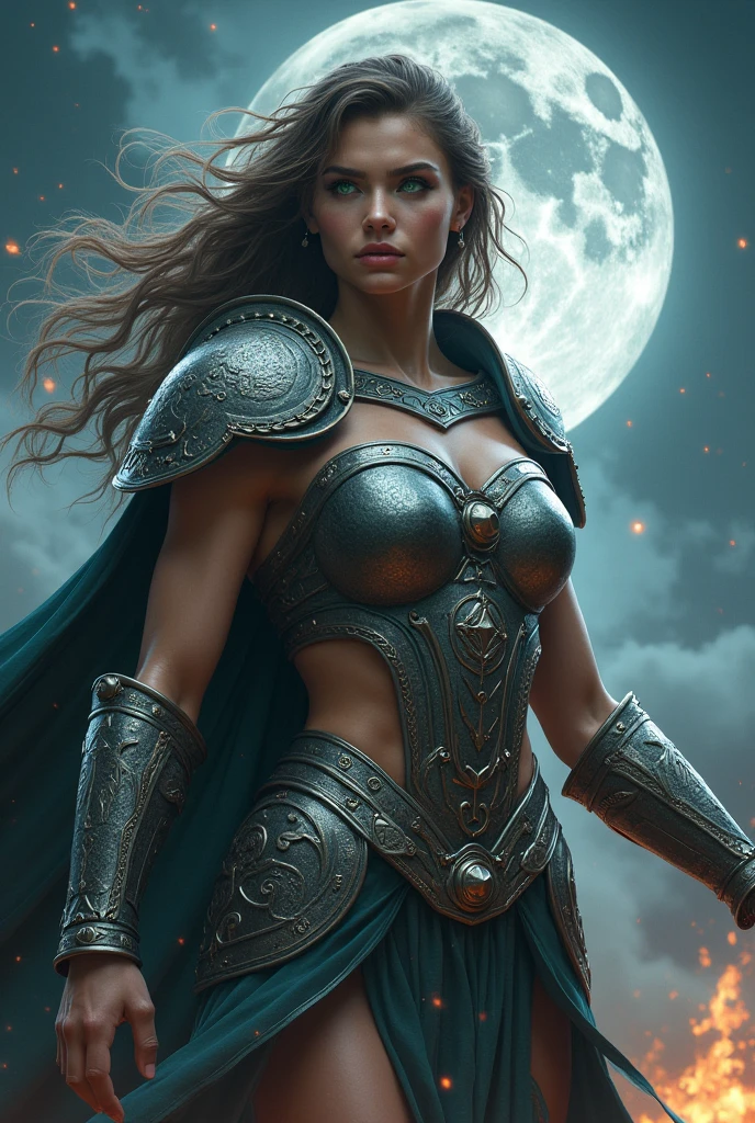 Moon Goddess Battle Armor in Viking Armor covering the chest, the woman has brown wavy hair, green mixed with gray eyes, seeing the whole body and looks a little bit like Thor in the eyes