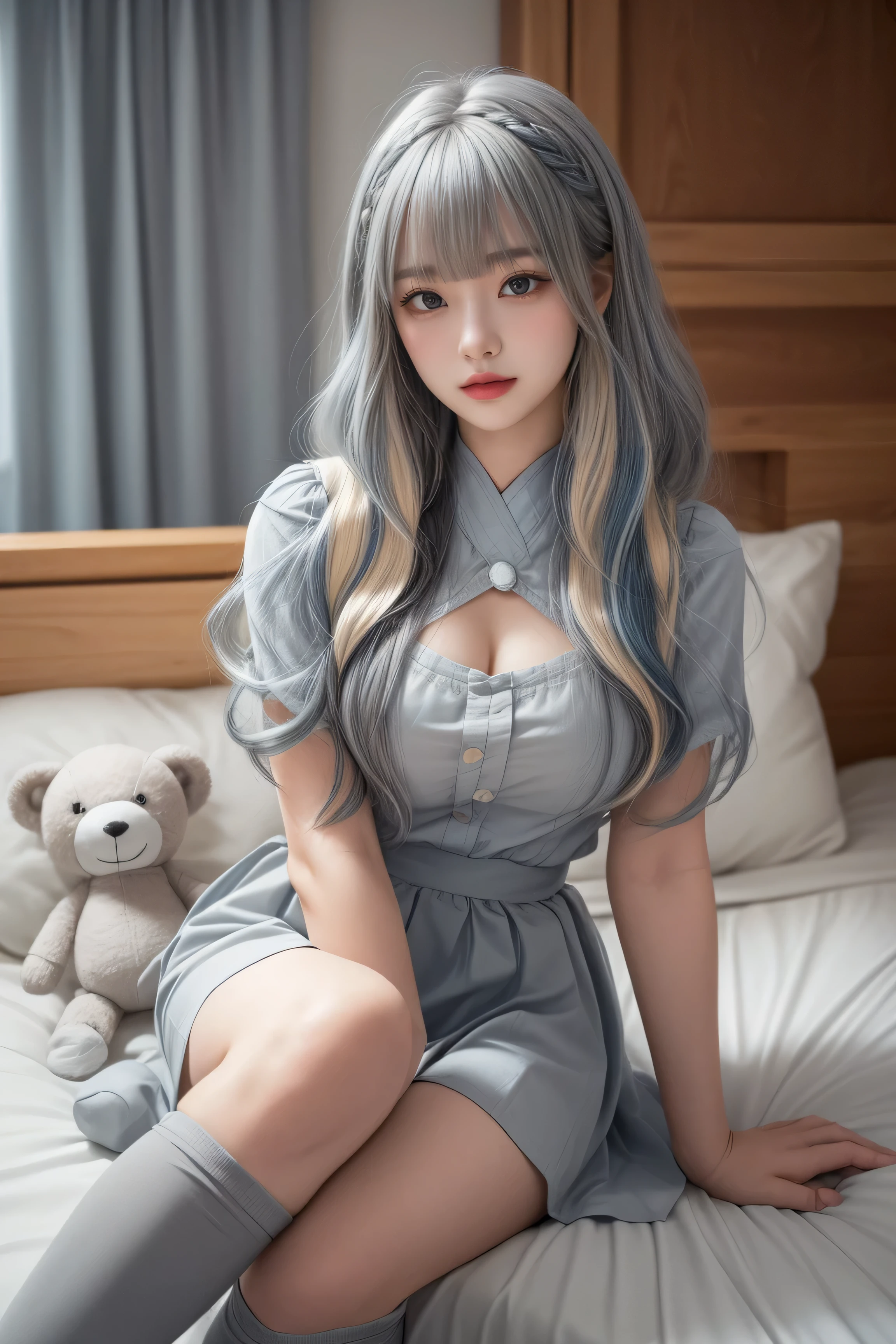 (sitting cross-legged on the bed)、Mature Woman、Light blue hair、((Light grey hair))、(((Two-tone hair)))、Black taupe dress with delicate light blue decoration、Slender women、Cute Woman、 8K Ultra HD,Detailed face、Delicate texture, Long Hair、(((Blunt bangs)))、(((Drill Hair)))、Tutu skirt、Thigh-length tights、short boots、((Oriental router))、mini skirt、A room in a Western-style building、((Delicate photo))，(Girl Astepeace RAW Photo Details:1.25), (Highest quality:1.6), (Ultra-high resolution:1.5), (Realistic:1.75), 8k resolution, Canon EOS R5, 50mm, Absurd, Very detailed,Cinema Lighting、((stuffed toy:1.3))、Browsing Caution:1.5(Full Body Shot)