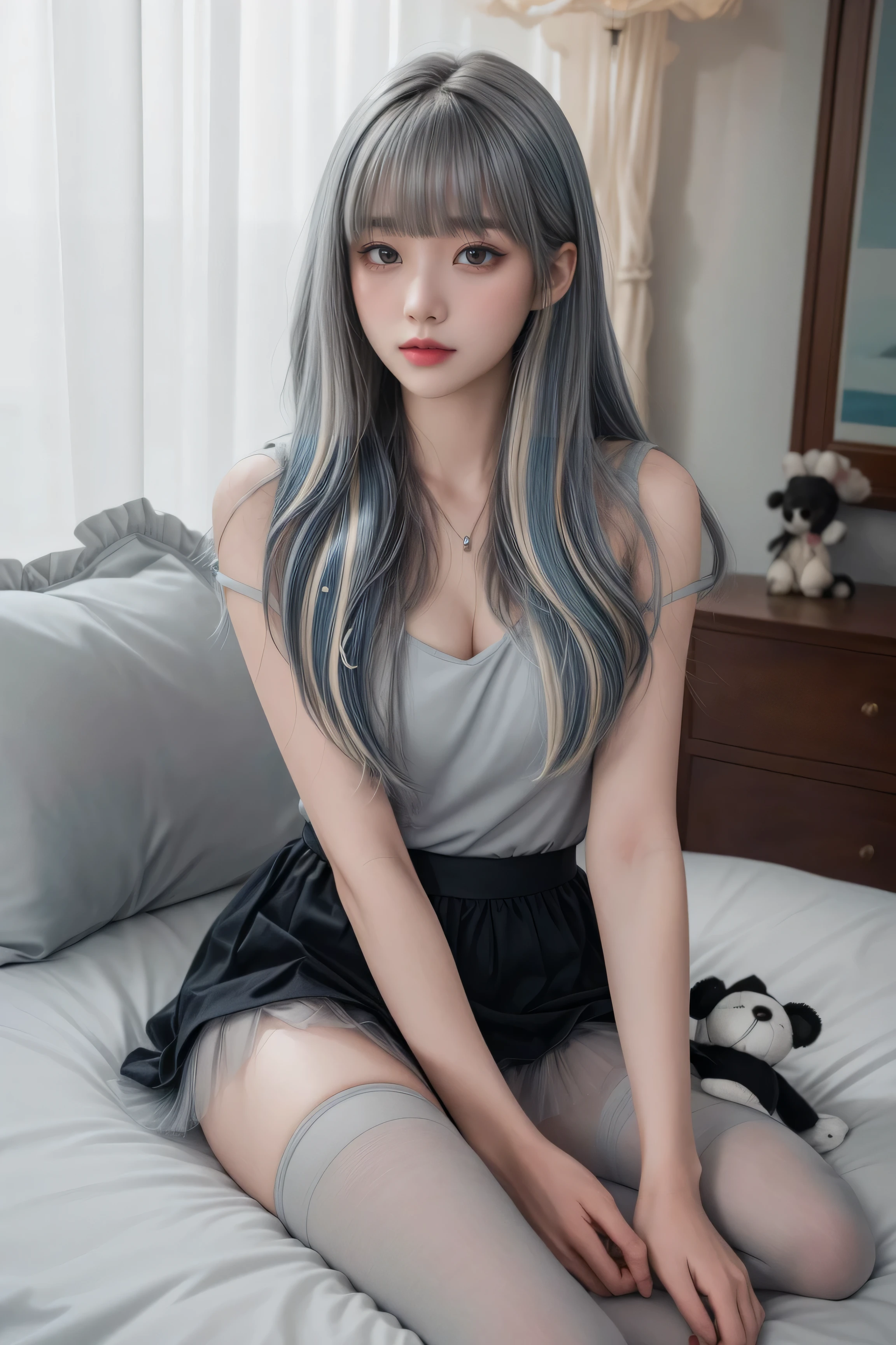 (sitting cross-legged on the bed)、Mature Woman、Light blue hair、((Light grey hair))、(((Two-tone hair)))、Black taupe dress with delicate light blue decoration、Slender women、Cute Woman、 8K Ultra HD,Detailed face、Delicate texture, Long Hair、(((Blunt bangs)))、(((Drill Hair)))、Tutu skirt、Thigh-length tights、short boots、((Oriental router))、mini skirt、A room in a Western-style building、((Delicate photo))，(Girl Astepeace RAW Photo Details:1.25), (Highest quality:1.6), (Ultra-high resolution:1.5), (Realistic:1.75), 8k resolution, Canon EOS R5, 50mm, Absurd, Very detailed,Cinema Lighting、((stuffed toy:1.3))、Browsing Caution:1.5(Full Body Shot)