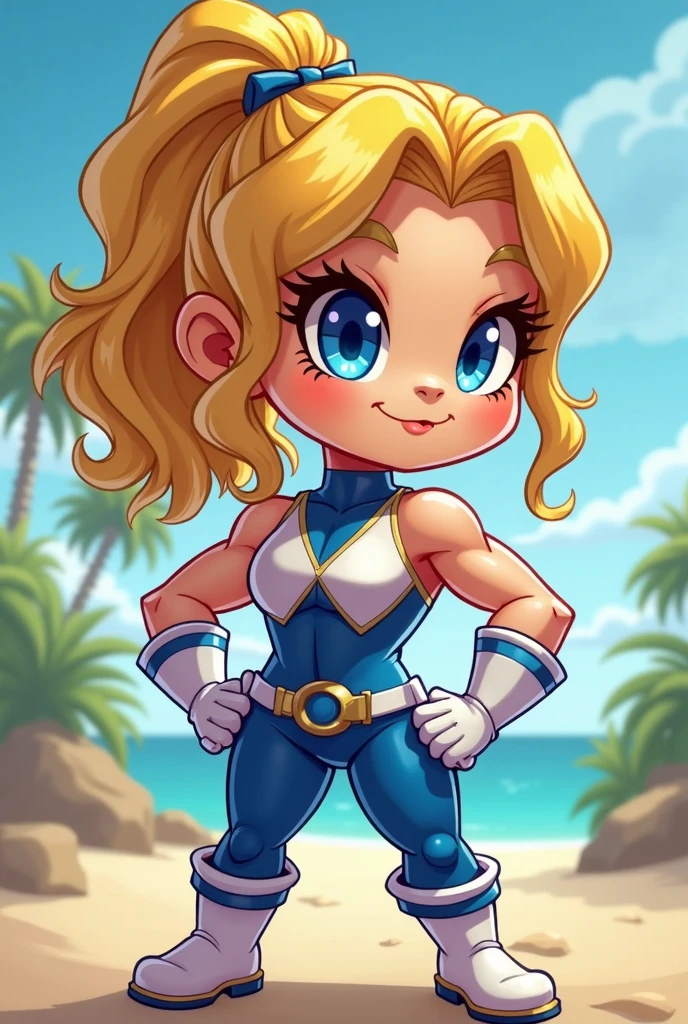 Chibi, muscle ??? girl, sexy, cute, tiny smile, blue eyes, sunnny day, power rangers blue white latex clothes, ombreira, yellow hair, thicc,cartoon, big breasts
