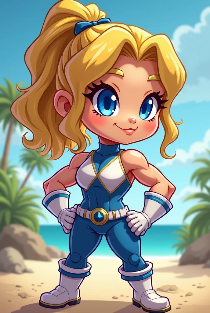 Chibi, muscle  girl, sexy, cute, tiny smile, blue eyes, sunnny day, power rangers blue white latex clothes, ombreira, yellow hair, thicc,cartoon, big breasts
