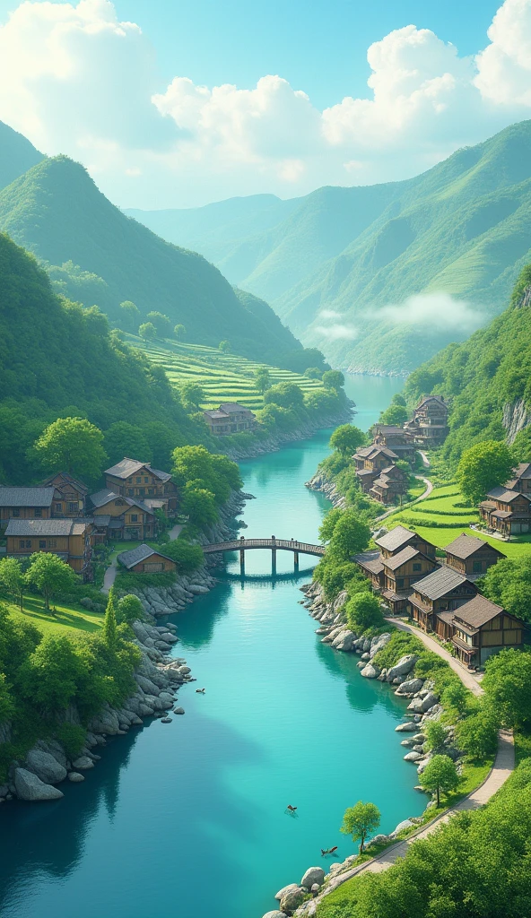 A serene village scene with a small, peaceful river flowing through it.**