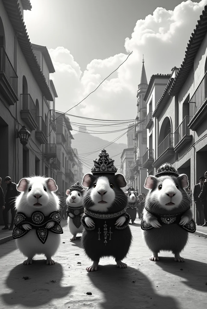 CREATE A GOOD QUALITY IMAGE OF SOME GUINEA PIGS PLAYING THE BLACK AND WHITE CARNIVAL OF THE CITY OF PASTO NARIÑO, in the background a city