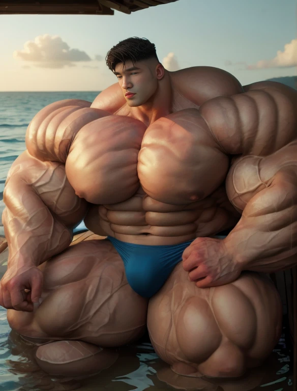 1boy, giant, asian, solo, giant bodybuilder, golden hour, strong body, bulk, large size, seated in any ocean water dock, outdoor, nude, blue triangular underwear with enormous bulge, extraordinary big, brutalmass, giant muscular body, bulk, buff, massive body, large meaty body size, extremely wide body,  tallest body