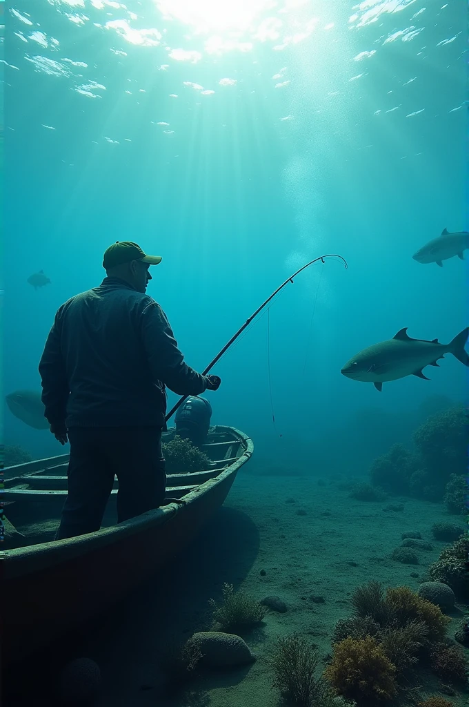 A fisherman with his boat and underwater sea animals, ultra realisitic