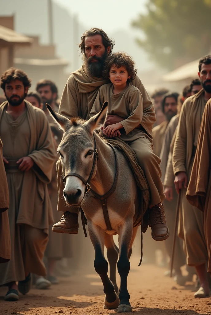 A man with his son on the back of a donkey has many people standing on the site