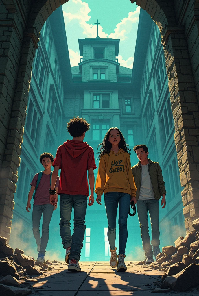 I need a cover for a comic that is about 4 teenagers who enter an abandoned school and it is about action, His name is Cayo Perico