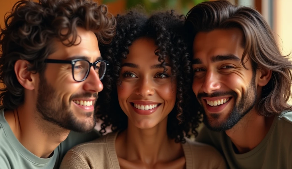 Trio of friends, characters 1; white man with glasses, Characters 2; brunette woman with curly hair, Character 3: brown man with long brown hair