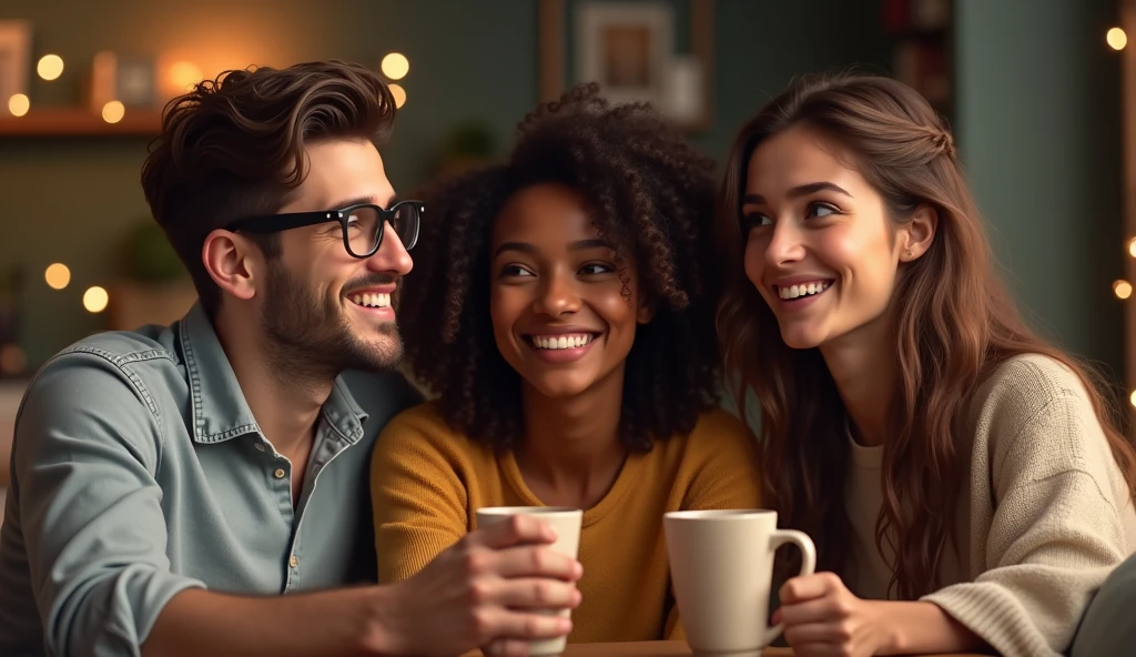 Trio of friends, characters 1; white man with glasses, Characters 2; brunette woman with curly hair, Character 3: brown man with long brown hair