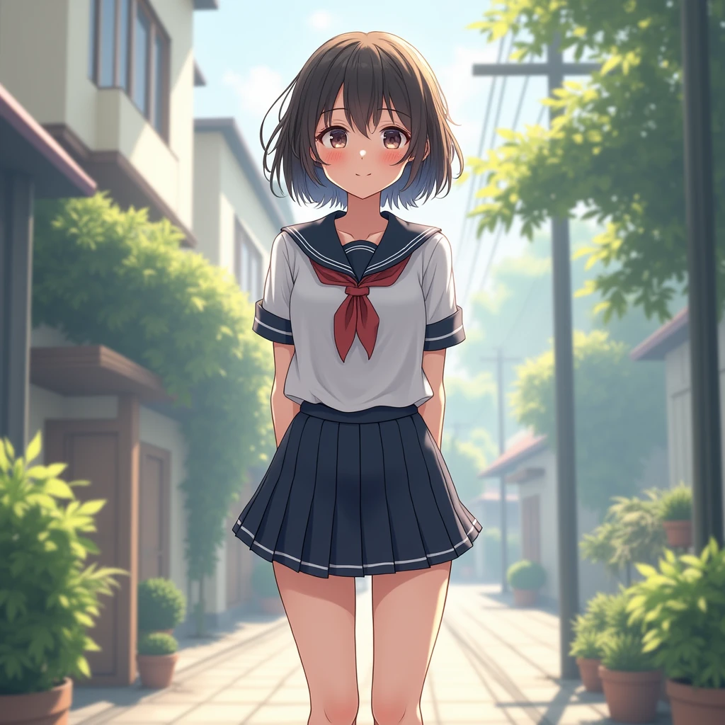 (masterpiece:1.2, Highest quality), (Realistic, photoRealistic:1.4), Beautiful illustrations, (Natural Side Lighting, Cinema Lighting), Beautiful thighs, Front view, 1 person, high school girl, 1, Perfect Face, Symmetrical cute face, Glowing Skin, Sexual climax,She closes her eyes and gives a mean look.,He is panting loudly.,Sailor suit、Sweat,thin, expensive、 Beautiful Hair, Beautiful Face, Beautiful body, Quite large breasts, Beautiful thighs, Beautiful feet, Beautiful fingers, ((High quality fabric, Winter clothesSailor suit, Navy Pleated Skirt)), (Beautiful views),Are standing, (smile, wonderful, Open your mouth),((Stand with your legs wide apart,Camera angle looking up from directly below the ground)),Her black lace panties are visible underneath、Because of the overflowing love juice、The shape of her ???????? is visible through her black panties..,stand with feet apart,The fabric of the skirt is transparent in sunlight....,Panty zoom camera angle