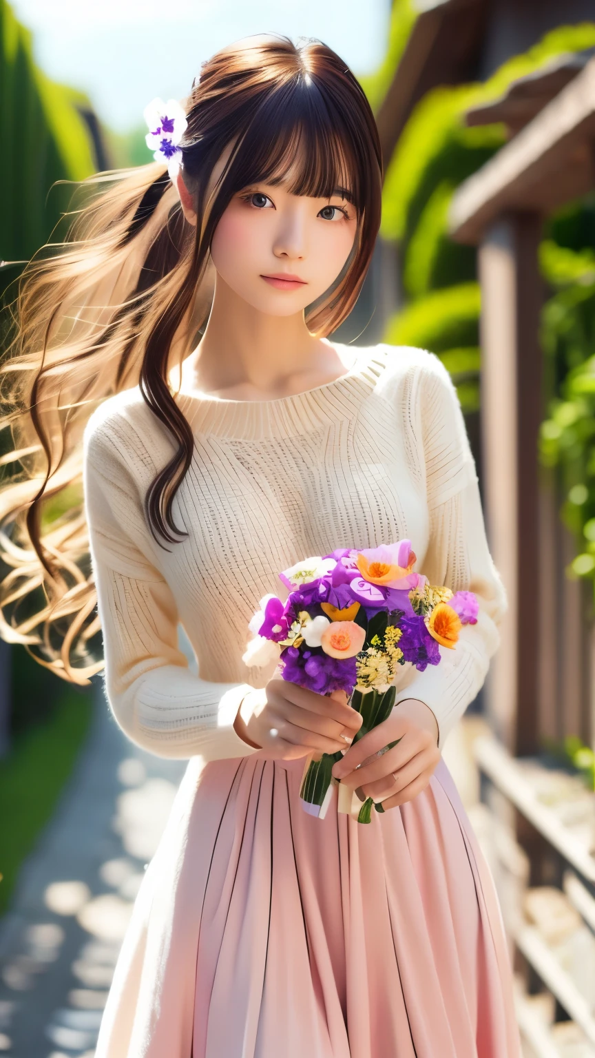 Surreal Scene Art、Surreal person、Hair is a flower、Beautiful woman、Different flowers for each person、The flower of individuality、、Fantasy、Faint lighting