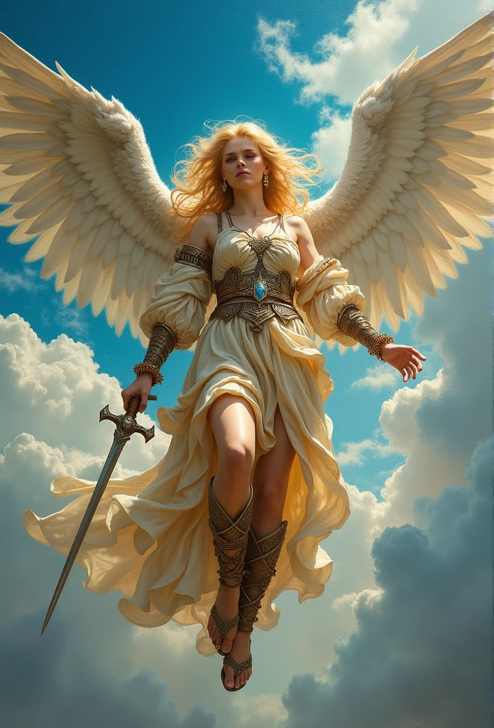 pintura profesional ultra detallada de pintura renacentista al oil de un ángel femenino con las alas abiertas flotando de perfil sobre un cielo azul y nubes blancas, front lighting, with a sword in his hands, multiple colors and textures, ultra realistic, with a beautiful angelic face, smoking a cigar, with a fine black leather collar fitted around his neckvibrant colors of 256k, blessed winged angel, cosmic, queen, Full body image, with Nike sneakers, radiates light, with soft flashes of light on her sexy body, covered with wavy silk of multiple vibrant colors, Renaissance work, Archangel dress details, celestial, cristiano, Byzantine, until, oil, da vinci style medieval fashion, medieval style clothing, DIFFERENT MATERIALS, warrior costume, that falls and floats gently, magnificent, beautiful, heavenly face, Golden hair, White skin, stunning beauty, unmatched, Shocking, ultra medieval, warrior archangel, Classical Renaissance style by Caravaggio, rayban sunglasses, lentes de sol darks, retro futuristic, IRREVERENT, Obscene, vulgar, punk, strong, Shocking, brutal, dark, Princess, rock makeup, Large ultra detailed wings with white feathersA guardian angel with majestic wings, lovingly wrapping someone in his heavenly robe,