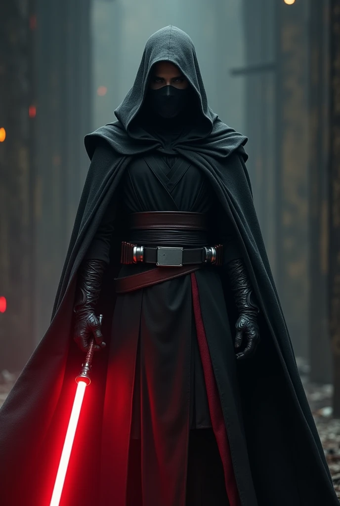 The country poland as a Sith Lord from Star Wars, angular grey face, black Cape with mask on face,Cape red and white, red lightsaber, agressive, frightening, ultra-realistic