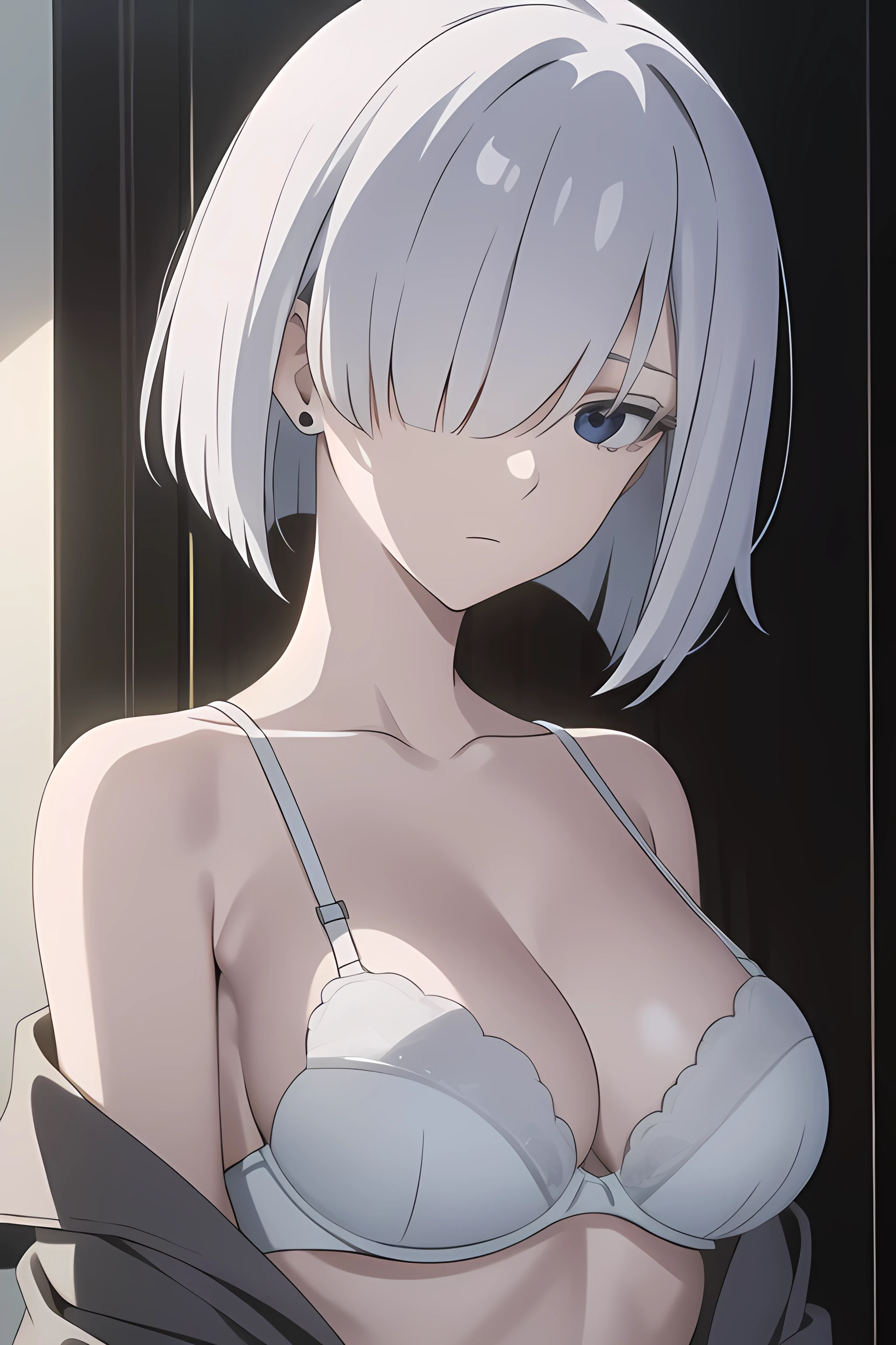 fiona1, spy x family, hair_over_one_eye, solo, jewelry, earring, large breasts, expressionless, white soft bra, upper body, no clothes, no cloth.