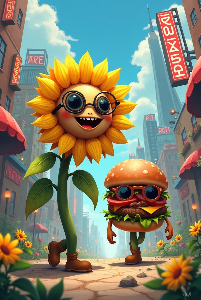 a sunflower and mushroom burger with glasses walking through the city