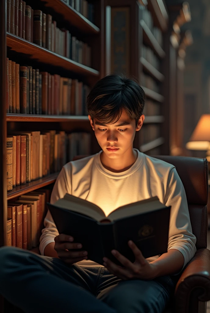 A young man is reading a book in the library