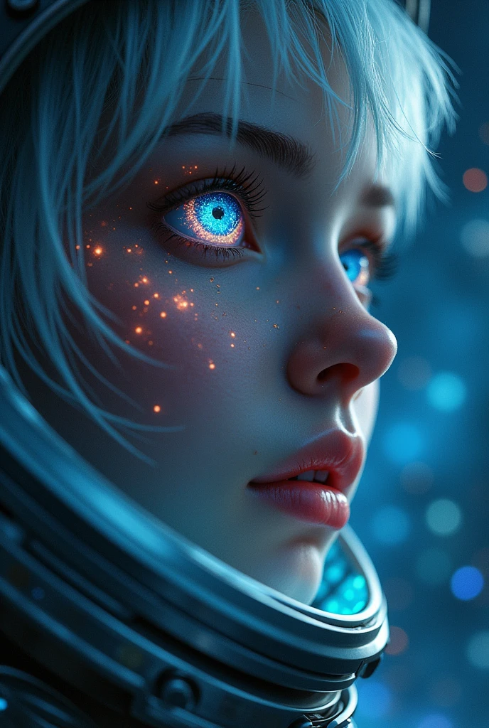(Close-up of a better masterpiece:1.5)0.9], (Space and astronauts:1.2) (Messy silver hair:1.1) (Heterochromia xanthochromia and blue eyes:1.2) (Space Helmet:1.0) (Colored stars in the eyes:1.0) (A radiant glow:1.1) (thick lips:0.9)