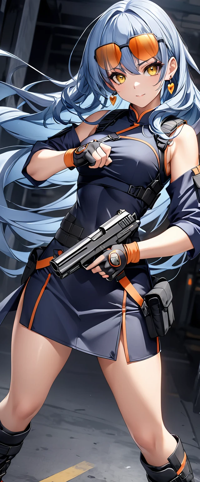 masterpiece、Highest quality、Ultra-high resolution、Maximum resolution、Very detailed、Professional Lighting、anime、Adult female、thin、so beautiful、、China dress、He has a gun、Holding a handgun in both hands、Yellow Eyes、Blue Hair、Long Wavy Hair、Earrings、Fingerless gloves、Tactical Boots、Equipped with transparent orange sunglasses、Equipped with a chest rig, (((hold a gun and take aim))), (((Random Action Pose)))