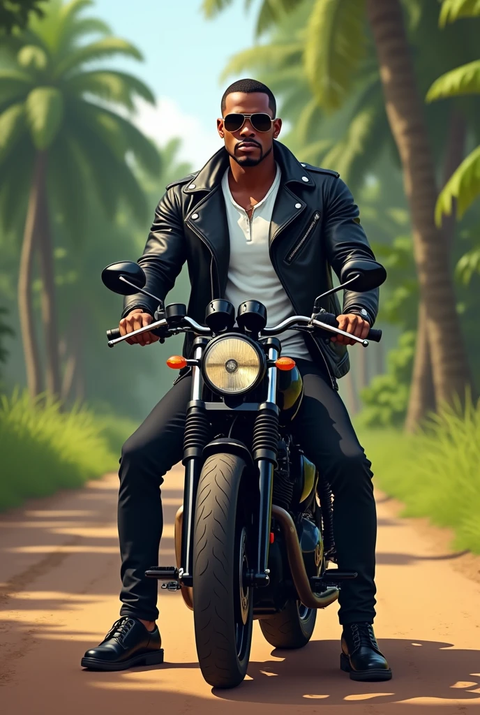 Illustration of a tall black man with fine features, looking at side, with low cut hair, thin moustache, slim but defined body, sitting on top of a black Yamaha drag star 350cc motorcycle wearing black jeans and a black leather jacket with a white shirt underneath, wearing black Ray ban sunglasses. He is on a dirt road with trees behind, typical of the city of Vitória da Conquista Bahia Brazil.