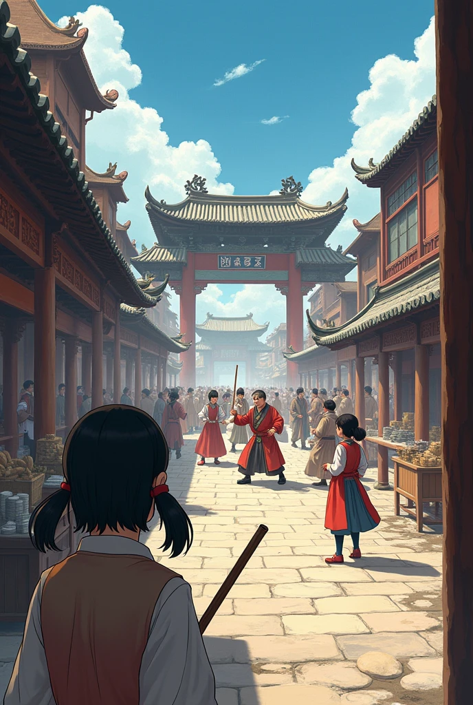 Excellent Works，4K high-definition images。Antique anime style Excellent Works，Antique anime style，Tang Chang&#39;an，Close-up shot of an ancient market in clear weather，The two girls watching looked frightened，They are hiding，Middle of the street，Several strong men holding sticks，Chaotic road，Fighting。Second Dimension
