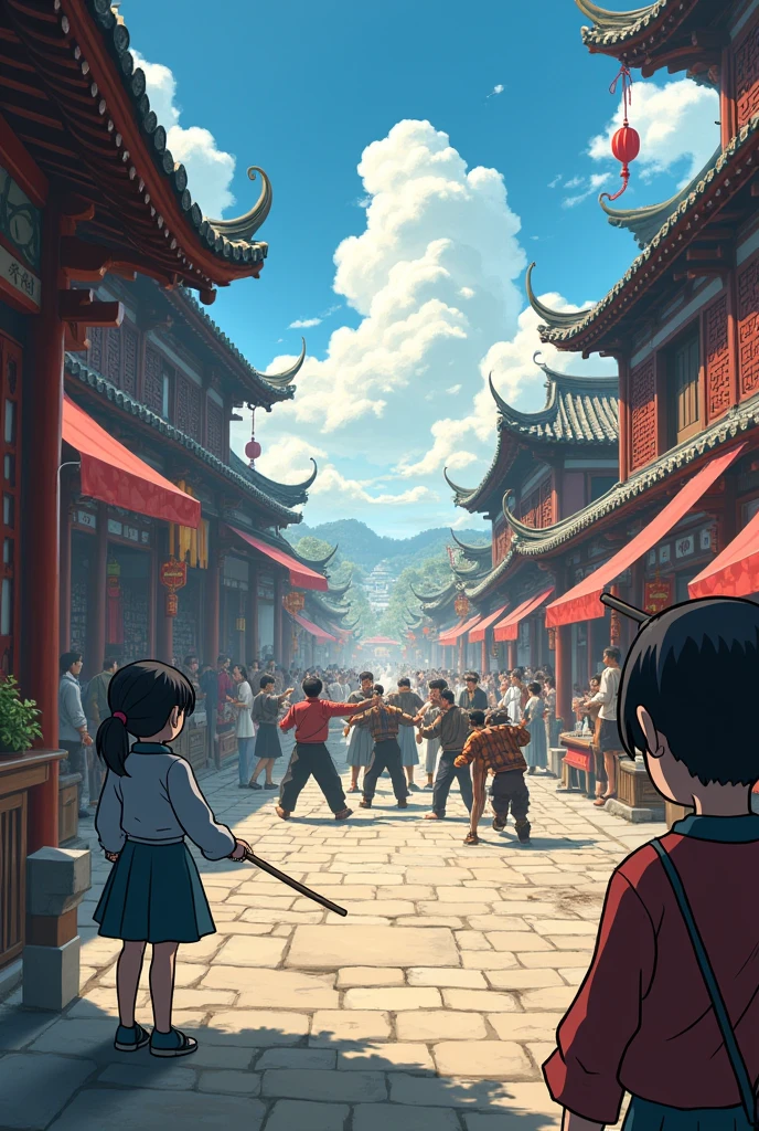 Excellent Works,4K high-definition images。Antique anime style Excellent Works,Antique anime style,Tang Chang'an,Close-up shot of an ancient market in clear weather,The two girls watching looked frightened,They are hiding,Middle of the street,Several strong men holding sticks,Chaotic road,Fighting。Second Dimension