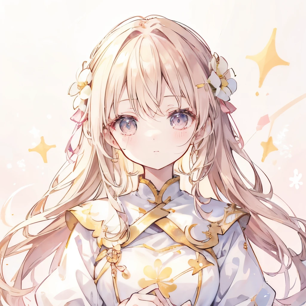 Blessed God|Guide to Happiness」Design an icon for。The character is a woman in her 30s.、A gentle smile and calm eyes。Hair is semi-long、Her hair color is blonde.。It has a natural wave.、Gives an elegant and calm impression。She is wearing a simple white outfit、She has a small four-leaf clover accessory on her shoulder.。The background is a pale pink and gold gradient.、A design that lets the light in gently。The background is dotted with small heart and star motifs.、Symbolizes happiness。Around her、There is a soft, shining aura of light.、Creates an overall bright and positive atmosphere。The character's hands are lightly clasped in front of the chest.、Make a gesture of genuine support。Create a design that gives your audience a sense of familiarity and comfort。
