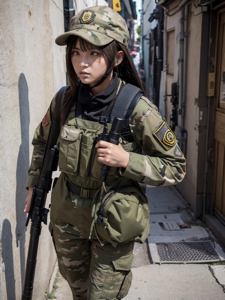 Female soldier holding a bazooka in urban warfare