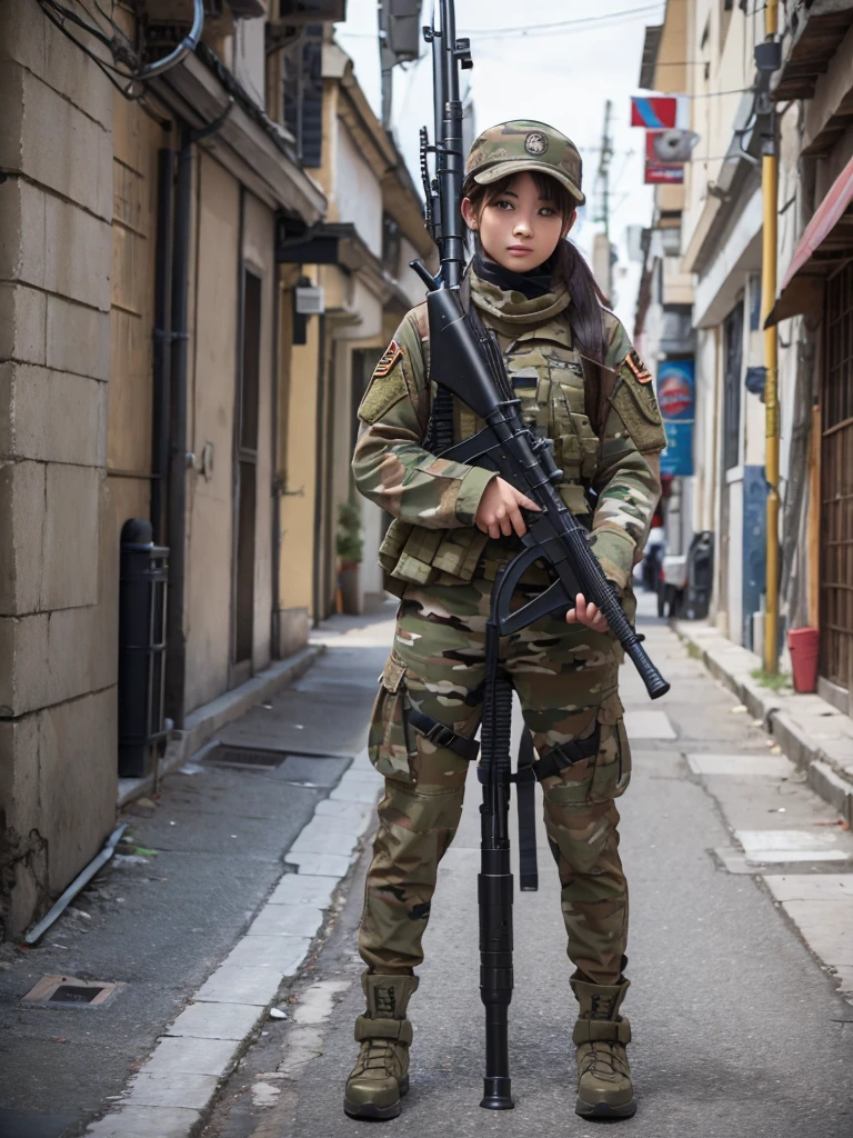 Female soldier holding a bazooka in urban warfare