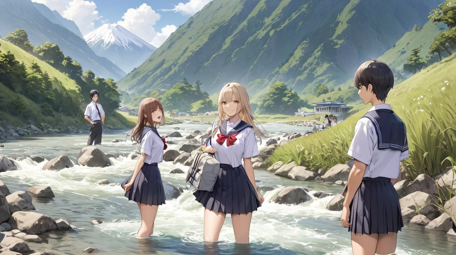Flowing River, 2Men and women, Japanese High School Uniform, One of them has a foot in the river, Mountain, Overlooking,