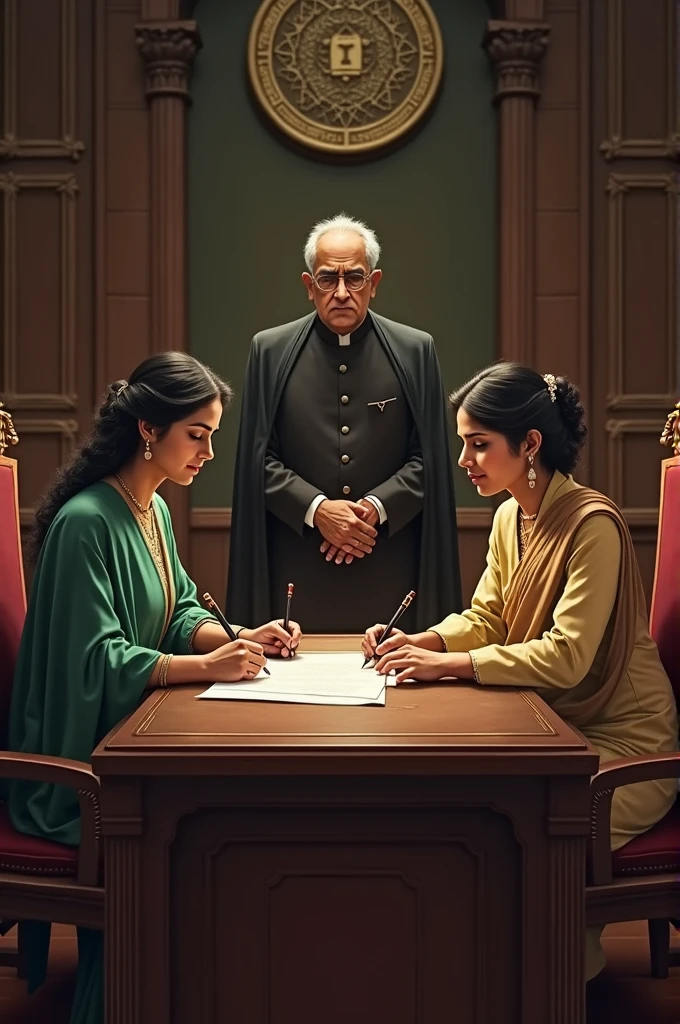 IdentityDescription:
"A formal setting with a legal document being signed. Gouribala, now known as Saheera Begum, and her son, Devdas, now renamed Sheikh Mujibur Rahman, are shown in the presence of Sheikh Lutfor Rahman, indicating their new identities. The atmosphere is solemn, reflecting the gravity of the situation."