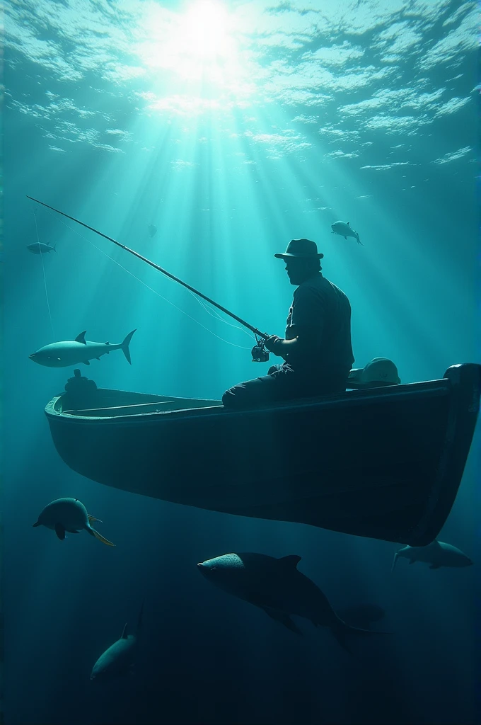 A fisherman with his boat and sea animals under water, ultra realisitic