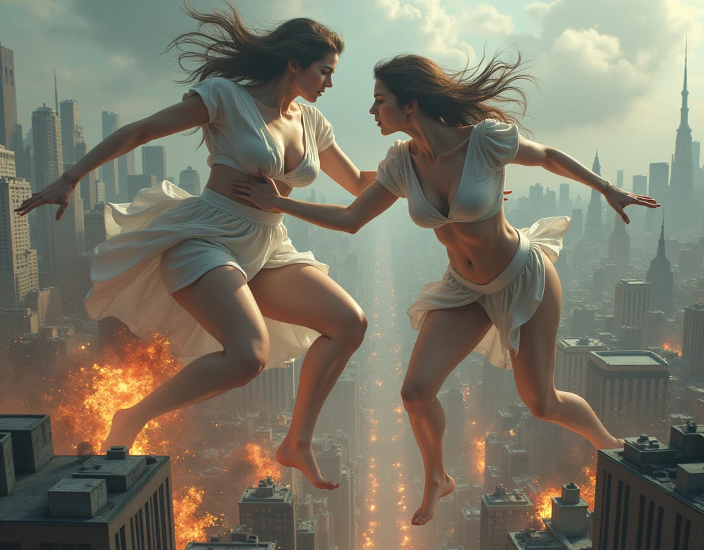 (Giant girl Art), (Super Best masterpiece giant girl Raw Photography Art), (16K, Highest quality, Ultra-high resolution, RAW Photos), (Although it is the real world, It&#39;s so unrealistic.), (Very detailed描写の, fight巨人女, Ultra-realistic), (Asian Women, So beautiful and detailed, Perfect female body, Accurate female body structure, Accurate female body movements, Very detailed女体ボディ, Super big breasts), Short sleeve shirt, Short skirt, I can see your pants, Very cute face, (Very detailed描写, Clear and accurate perspective depiction, Ultra-wide field of view, Focus on the average value of the image), (Very detailed, World collapse panic movie depiction), Height 1,000m class giant girl, 2 people, The face and body are identical, fight, Scramble, Catfight, Action Movie, (2 peopleの巨女がミニチュアな街まるごとぶっ壊す描写), 見物客はfightの巻き添えに遭う, Top View