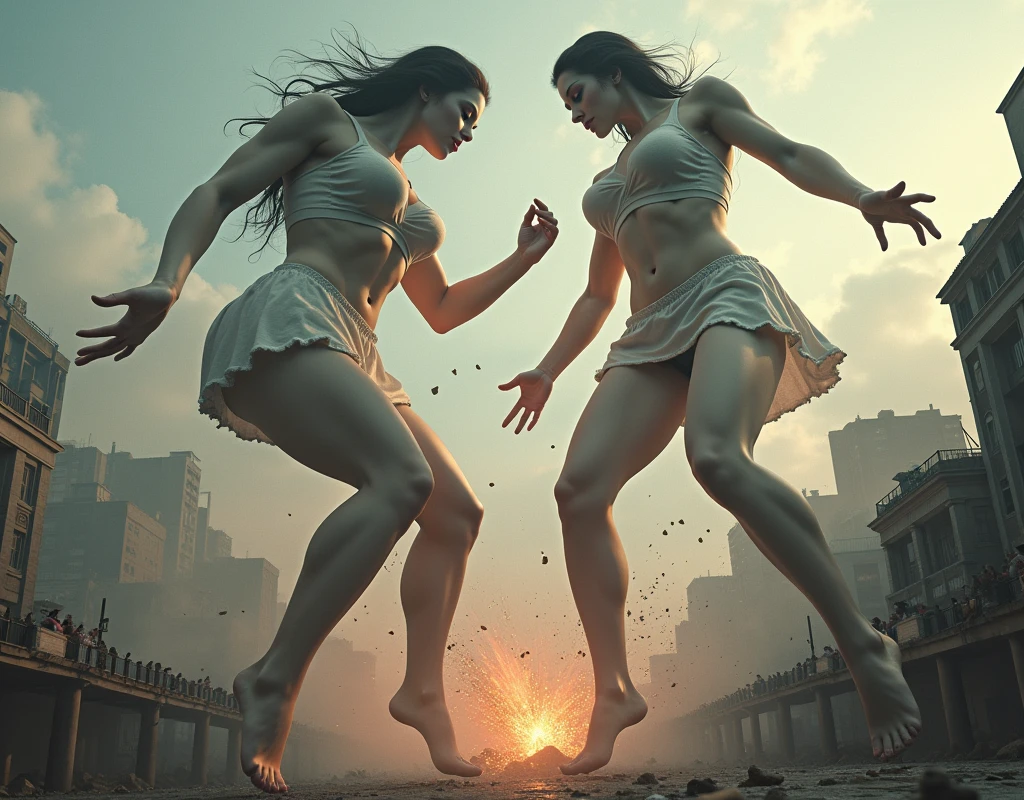 (Giant girl Art), (Super Best masterpiece giant girl Raw Photography Art), (16K, Highest quality, Ultra-high resolution, RAW Photos), (Although it is the real world, It's so unrealistic.), (Very detailed描写の, fight巨人女, Ultra-realistic), (Asian Women, So beautiful and detailed, Perfect female body, Accurate female body structure, Accurate female body movements, Very detailed女体ボディ, Super big breasts), Short sleeve shirt, Short skirt, I can see your pants, Very cute face, (Very detailed描写, Clear and accurate perspective depiction, Ultra-wide field of view, Focus on the average value of the image), (Very detailed, World collapse panic movie depiction), Height 1,000m class giant girl, 2 people, The face and body are identical, fight, Scramble, Catfight, Action Movie, (2 peopleの巨女がミニチュアな街まるごとぶっ壊す描写), 見物客はfightの巻き添えに遭う, Top View
