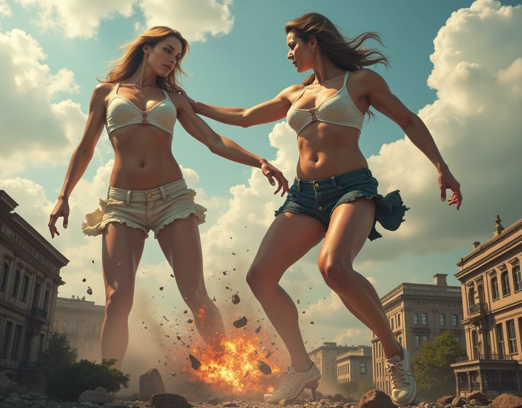 (Giant girl Art), (Super Best masterpiece giant girl Raw Photography Art), (16K, Highest quality, Ultra-high resolution, RAW Photos), (Although it is the real world, It's so unrealistic.), (Very detailed描写の, fight巨人女, Ultra-realistic), (Asian Women, So beautiful and detailed, Perfect female body, Accurate female body structure, Accurate female body movements, Very detailed女体ボディ, Super big breasts), Short sleeve shirt, Short skirt, I can see your pants, Very cute face, (Very detailed描写, Clear and accurate perspective depiction, Ultra-wide field of view, Focus on the average value of the image), (Very detailed, World collapse panic movie depiction), Height 1,000m class giant girl, 2 people, The face and body are identical, fight, Scramble, Catfight, Action Movie, (2 peopleの巨女がミニチュアな街まるごとぶっ壊す描写), 見物客はfightの巻き添えに遭う, Top View
