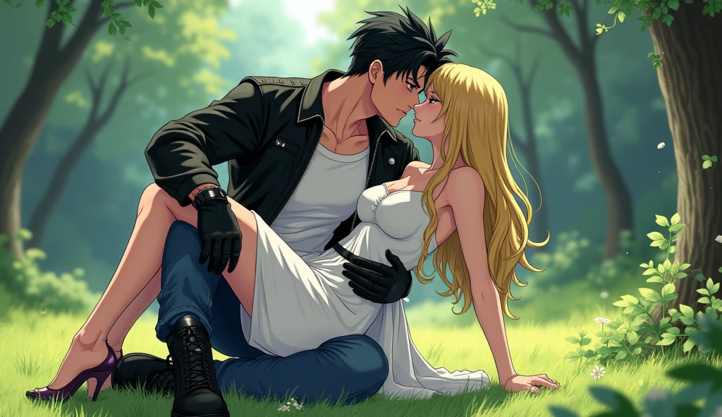 A muscular young man with black hair, wearing a white round-neck shirt and a black leather jacket over it, wearing blue jeans with a zipper down and an erect penis sticking out, black gloves, a black belt, and black combat boots, Having sex with a blonde woman wearing a white dress White dress and high heels In missionary position On the meadow in the forest, anime.