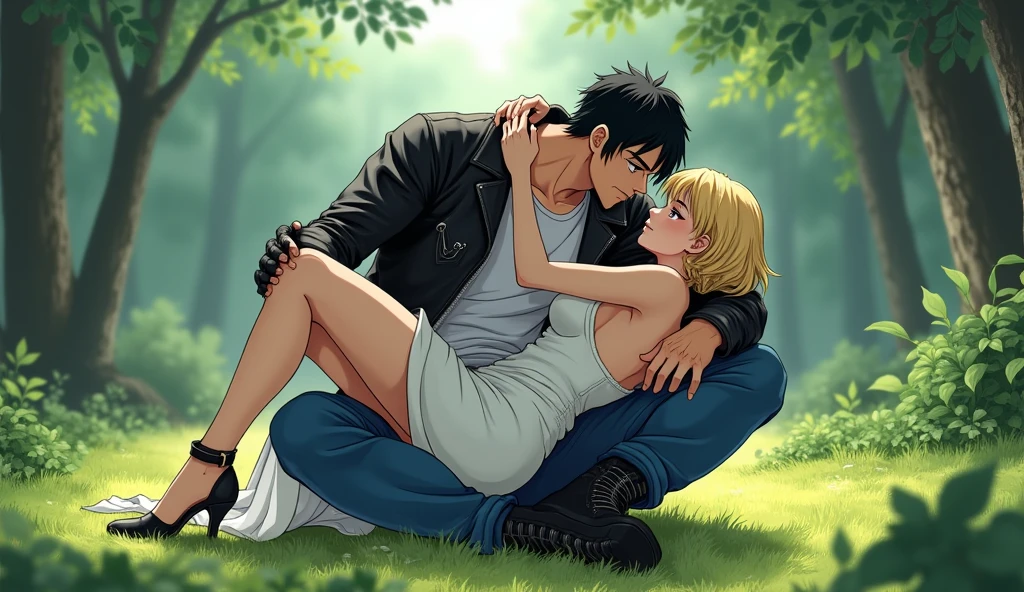 A muscular young man with black hair, wearing a white round-neck shirt and a black leather jacket over it, wearing blue jeans with a zipper down and an erect penis sticking out, black gloves, a black belt, and black combat boots, Having sex with a blonde woman wearing a white dress White dress and high heels In missionary position On the meadow in the forest, anime.